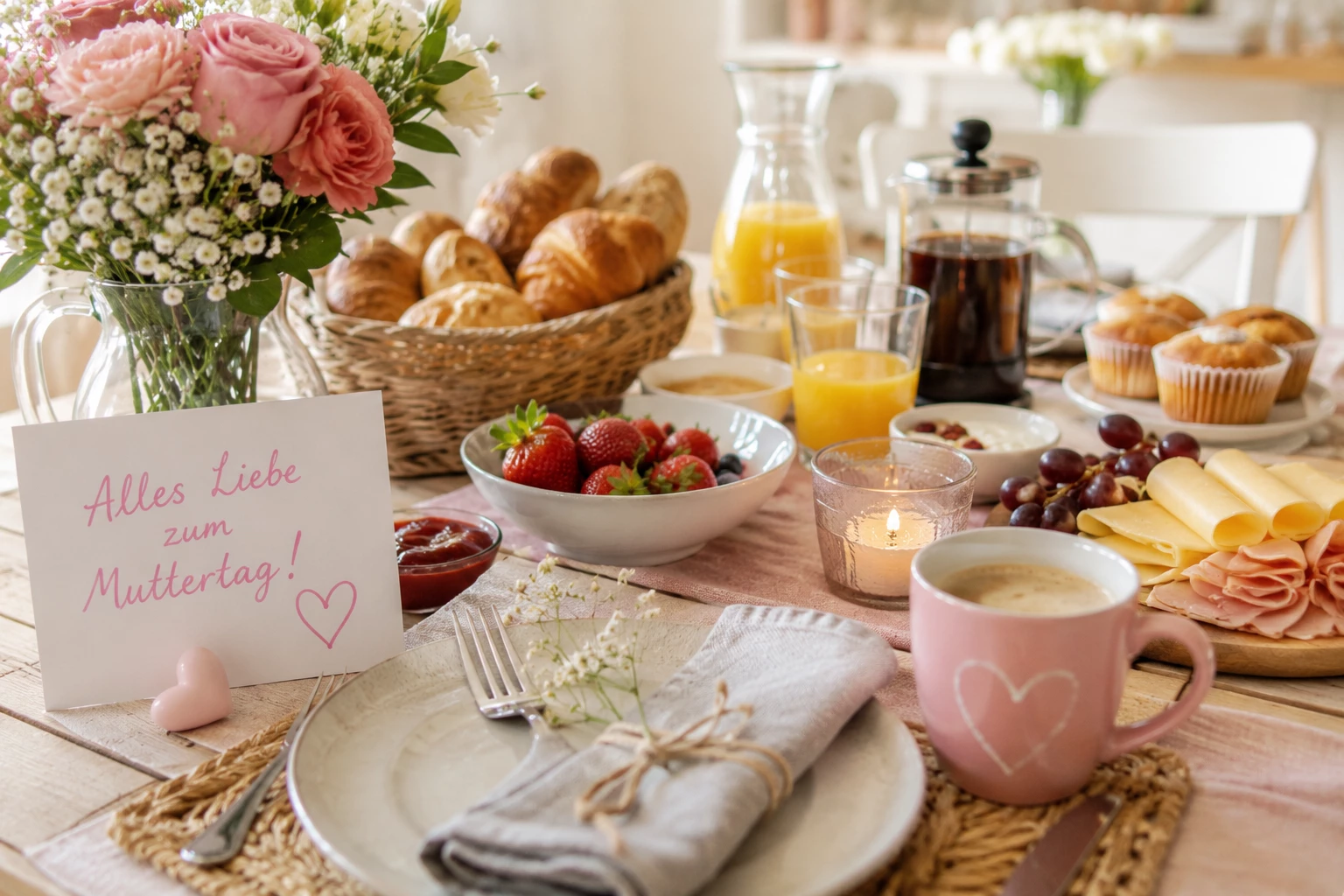 Ein liebevoll gedeckter Frühstückstisch macht aus einem normalen Sonntag einen besonderen Muttertagsmoment. (KI-generiert)