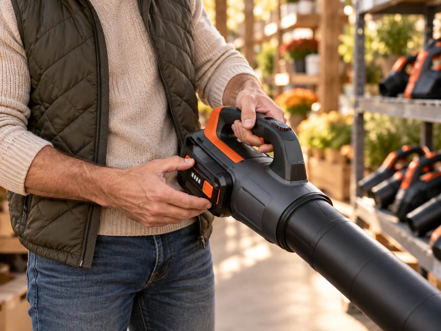 Akku, Bedienelemente und ergonomischer Griff gehören zu den wichtigsten Details, wenn ein Laubbläser auch bei längeren Einsätzen angenehm zu bedienen sein soll. (KI-generiert)