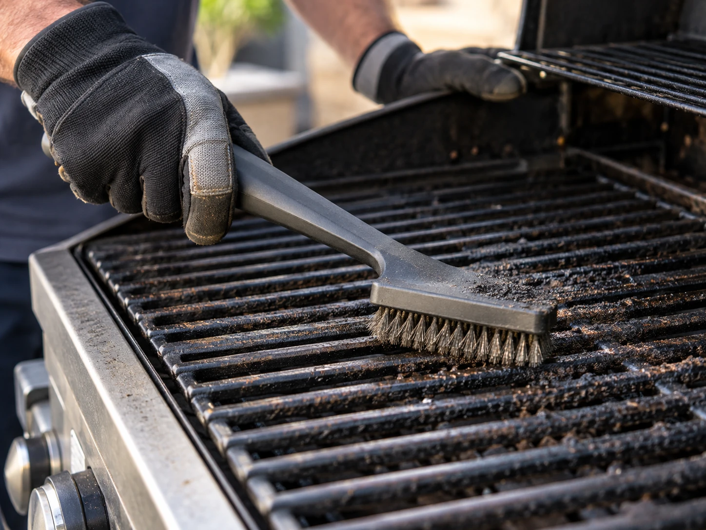 Eingebrannte Rückstände auf dem Grillrost lassen sich mit einer geeigneten Grillbürste lösen – wichtig ist, dass Bürste und Reinigungsmethode zum Material des Rostes passen. (KI-generiert)