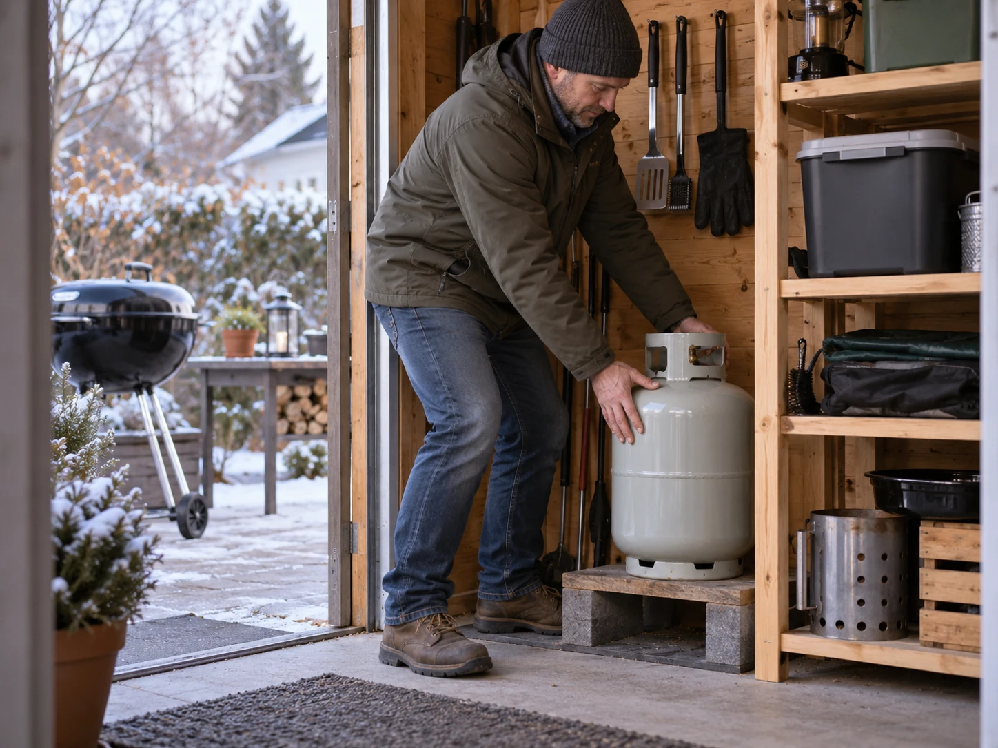 Gasflaschen sollten im Winter aufrecht, gut belüftet und oberhalb der Erdgleiche gelagert werden – ein geeigneter Gartenschuppen kann dafür infrage kommen. (KI-generiert)