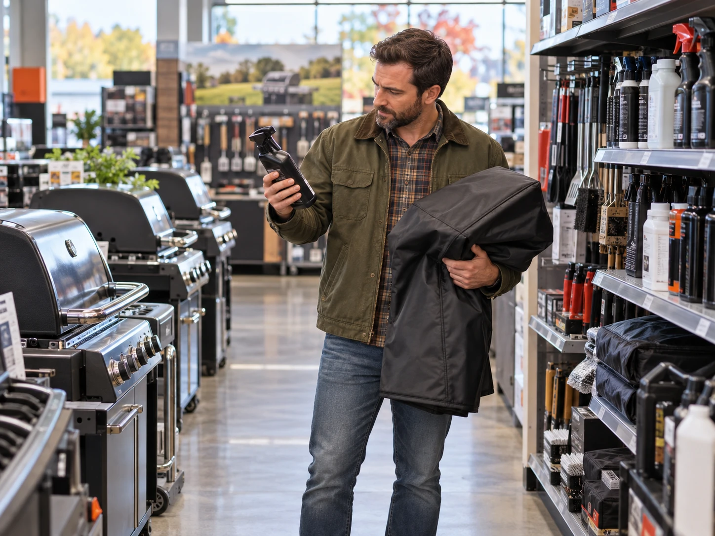 Im Baumarkt lohnt sich der Blick auf passendes Winterzubehör: Reiniger, Grillbürsten und Abdeckhauben sollten zum eigenen Gasgrill und dessen Materialien passen. (KI-generiert)