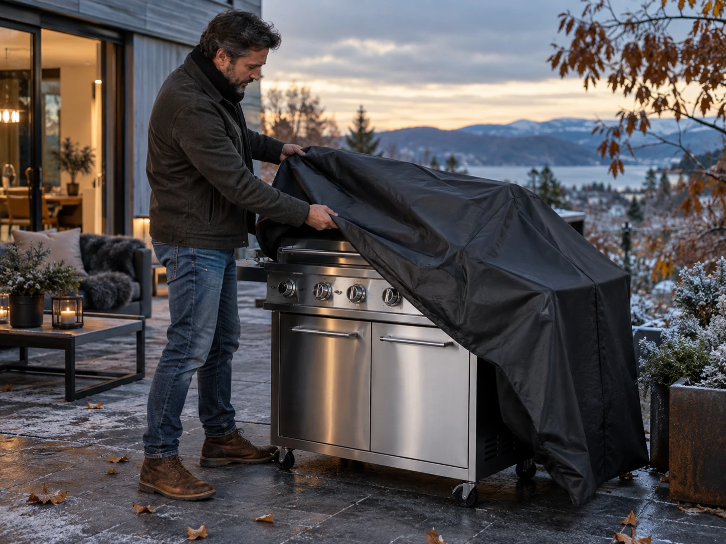 Eine wetterfeste Abdeckung schützt den gereinigten Gasgrill vor Regen, Schnee und Schmutz – sie sollte erst übergezogen werden, wenn das Gerät vollständig trocken und abgekühlt ist. (KI-generiert)