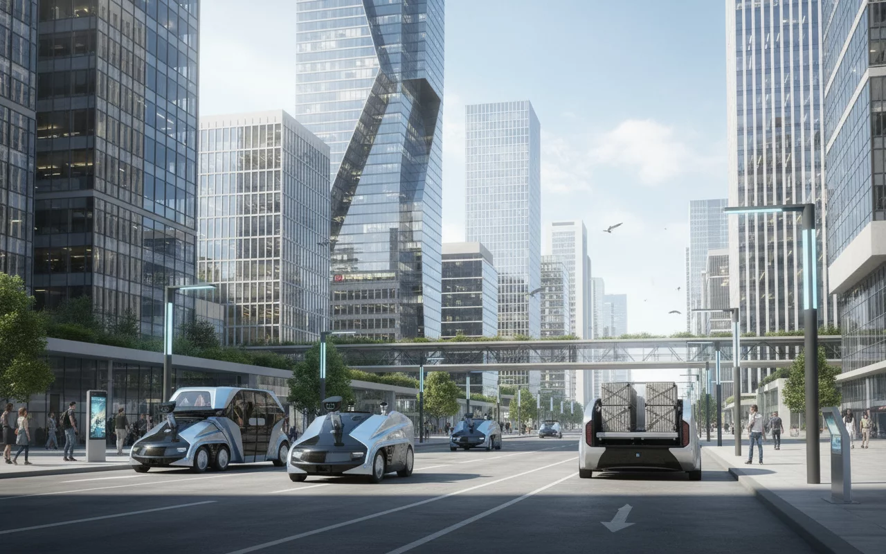 Die Zukunft der Städte im Test: EDAG Citybots mit multifunktionellen Adons. (KI Bild)