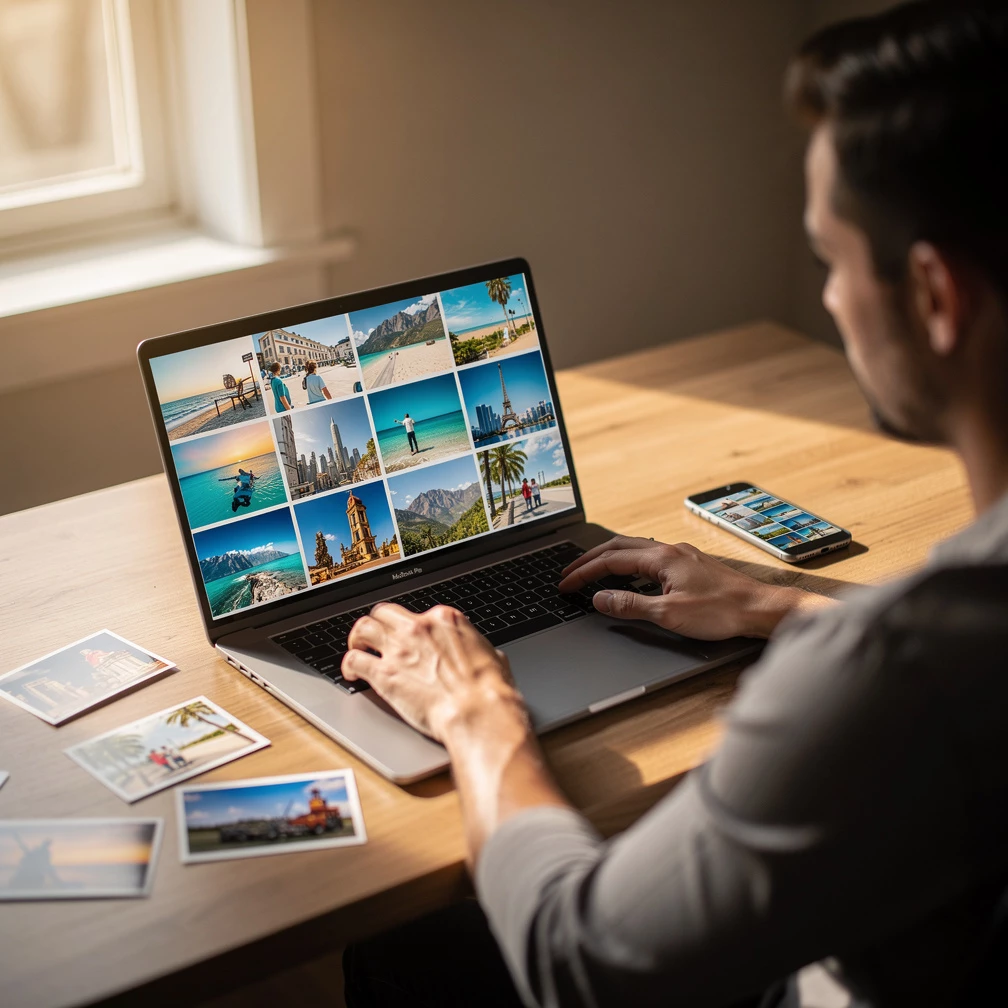    Bevor größere Mengen an Fotos gelöscht werden, lohnt sich eine zusätzliche Sicherung wichtiger Urlaubserinnerungen auf einem separaten Speichermedium. (KI-generiert)