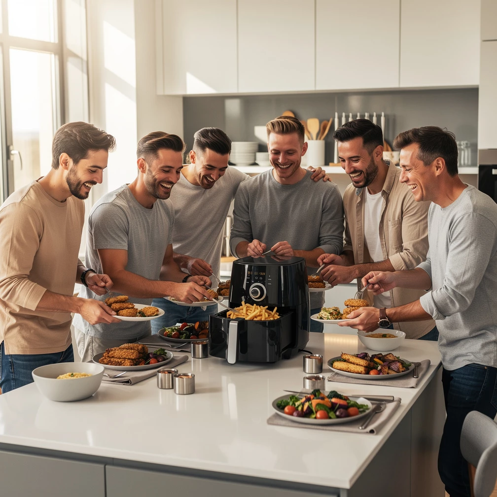 Gemeinsam genießen statt kompliziert kochen: Der Air Fryer bringt Freunde schnell an einen Tisch – mit knusprigen Ergebnissen in Minuten. (KI-generiert)
