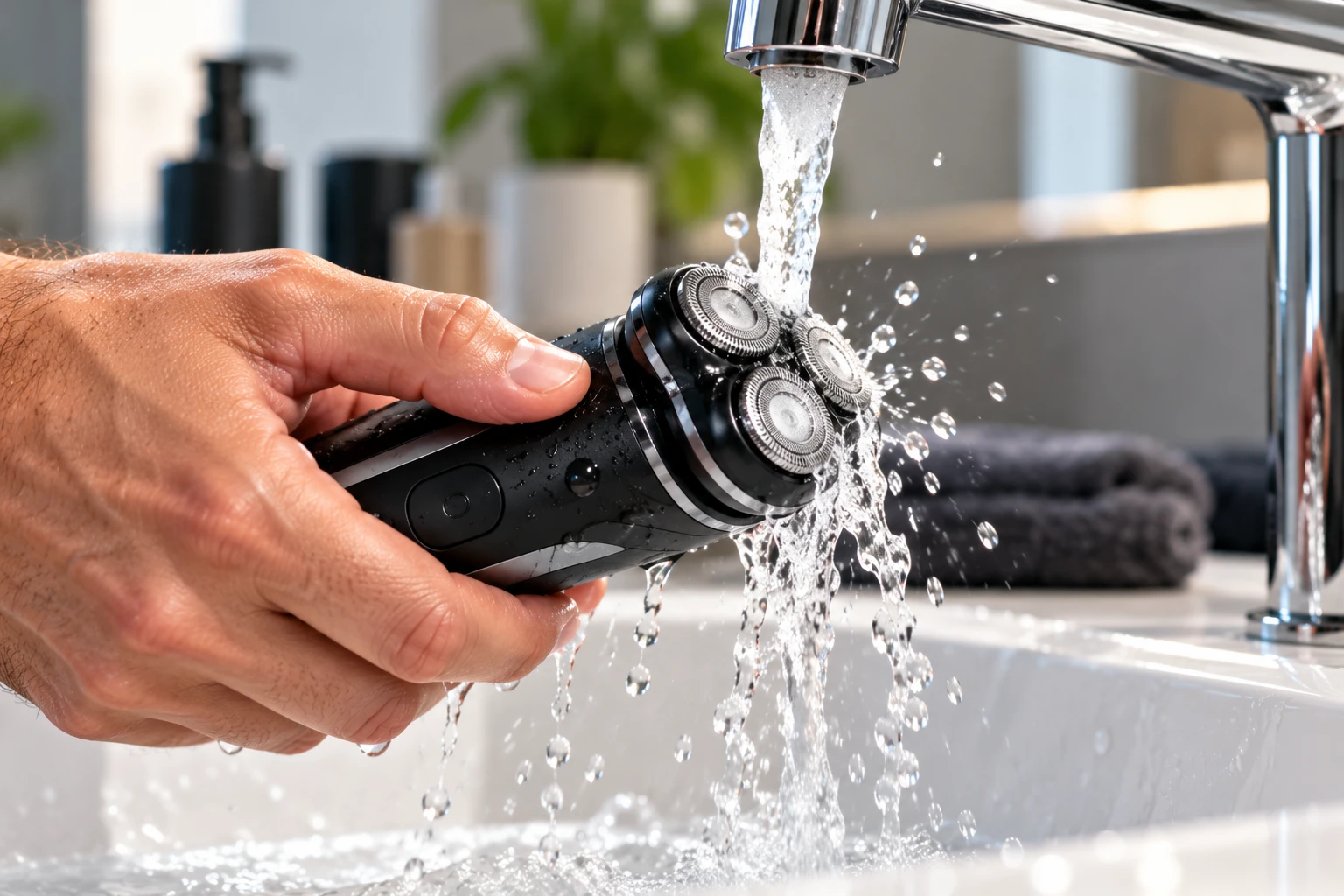 Saubere Klingen sind wichtig für eine hygienische Rasur. Wasserfeste Elektrorasierer lassen sich je nach Herstellerangaben bequem unter fließendem Wasser reinigen.