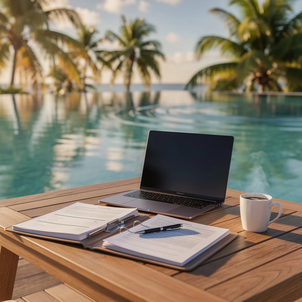 Entspannter Pool-Arbeitsplatz mit Laptop und Kaffee