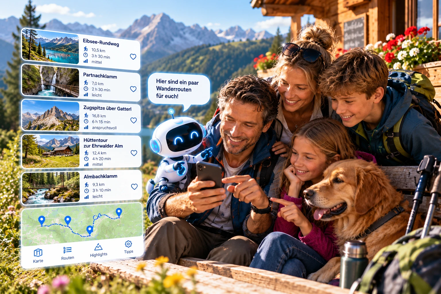 Familienwanderung mit KI-Assistent in den Alpen (Bild KI generiert).webp