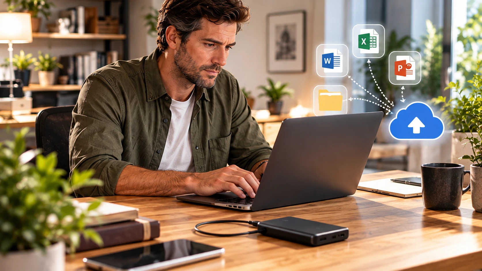 Cloud-Backup und Dateisicherung Ob Word-Dokumente, Excel-Tabellen oder Präsentationen: Eine zuverlässige Datensicherung schützt wichtige Dateien auch beim Softwarewechsel. (KI-generiert)
