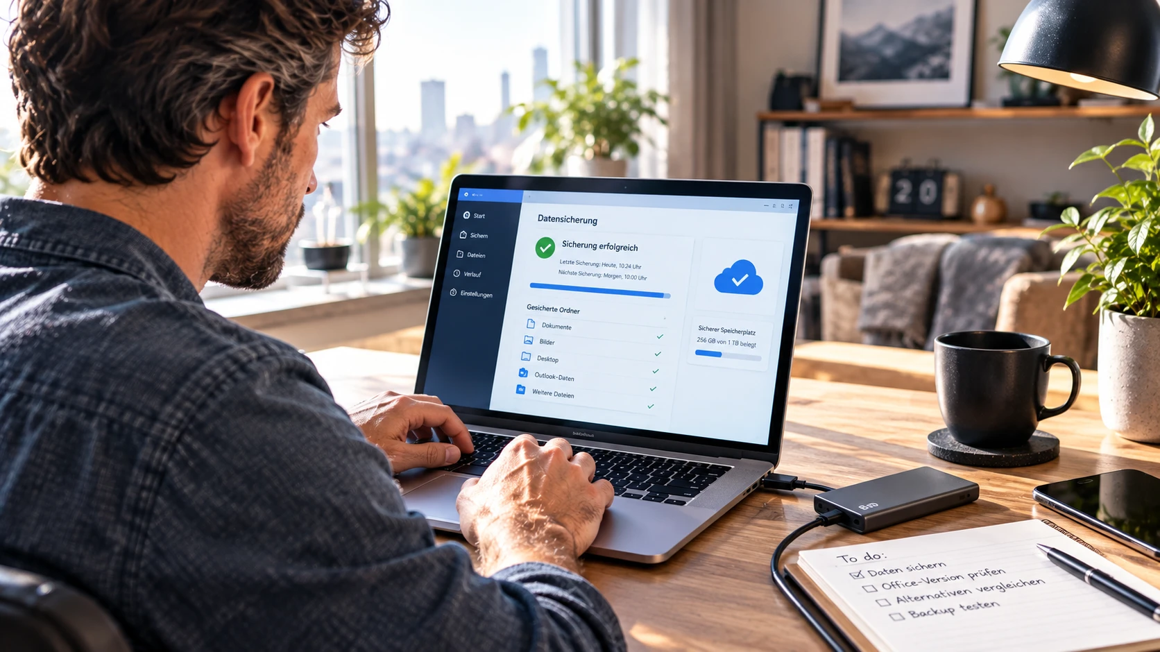 Datensicherung am Laptop Vor dem Wechsel auf eine neue Office-Version solltest du wichtige Dokumente, E-Mails und persönliche Einstellungen sichern. (KI-generiert)