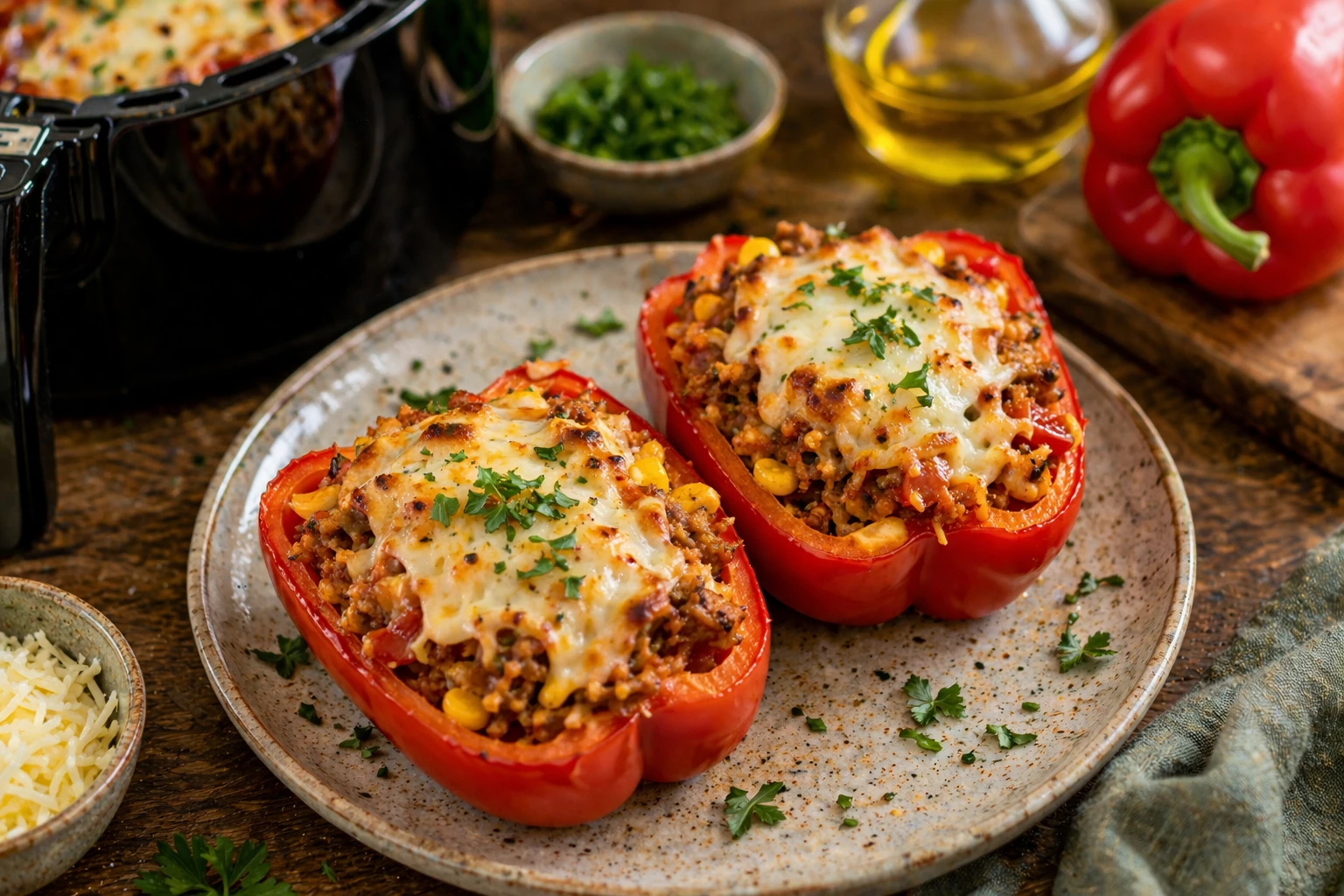 Gefüllte Paprika mit Couscous und Hack oder Veggie-Alternative Air Fryer.webp