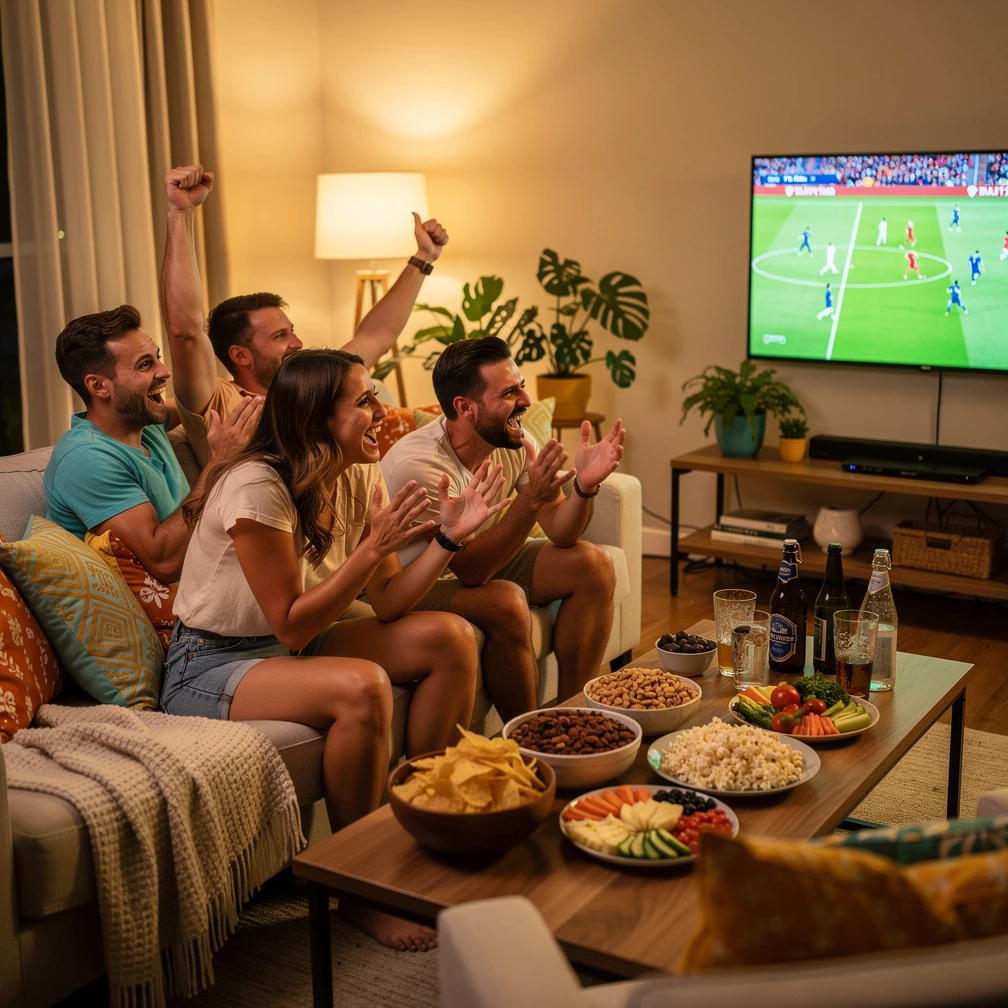 Freunde feiern gemeinsam ein Tor – genau diese Momente machen die WM unvergesslich. (KI-generiert)