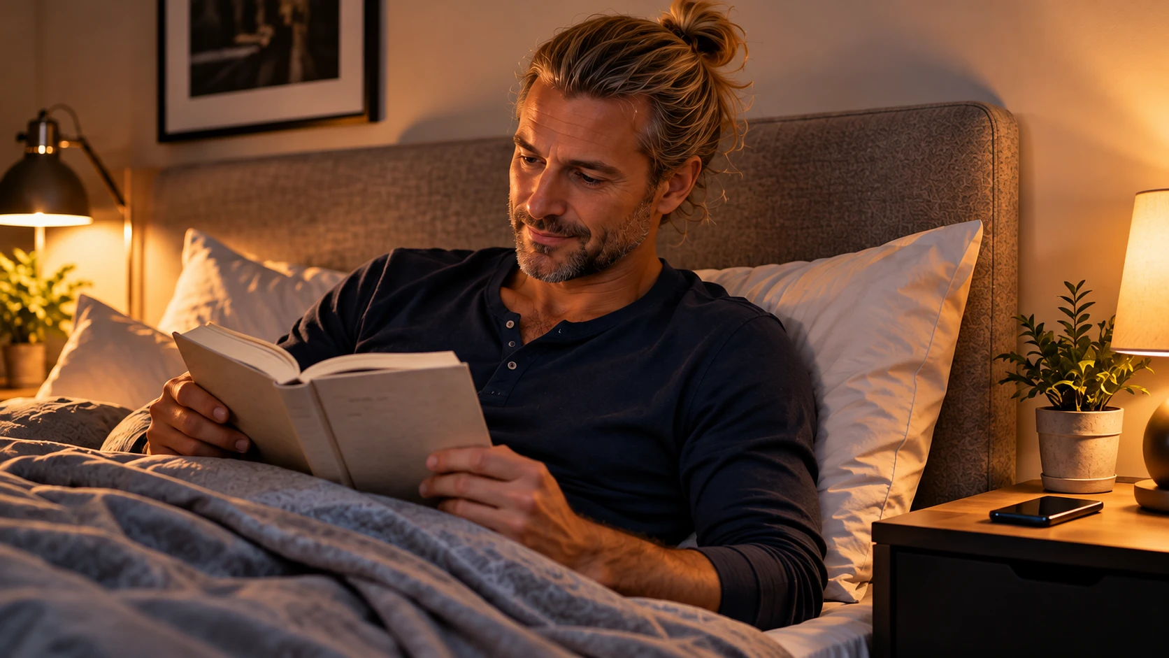 Gemütlicher Abend im Bett mit Buch (Bild KI generiert).webp