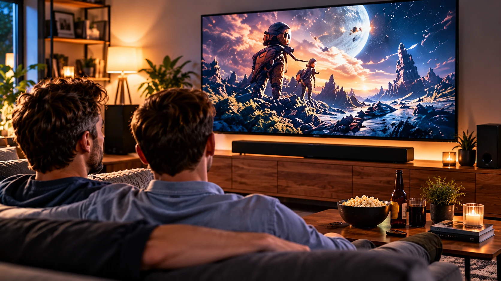 Beim Ton stoßen flache Fernseher schnell an Grenzen. Eine Soundbar kann Filme, Serien und Games deutlich druckvoller klingen lassen. (KI-generiert)