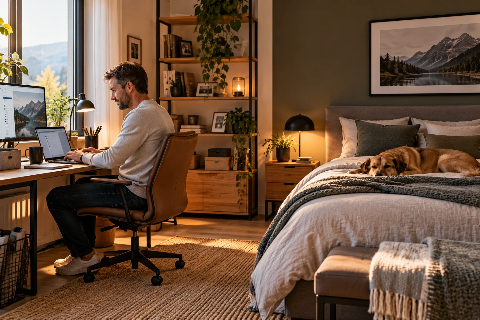 Gemütliches Schlafzimmer mit Homeoffice und Platz für den Hund (Bild KI generiert).webp