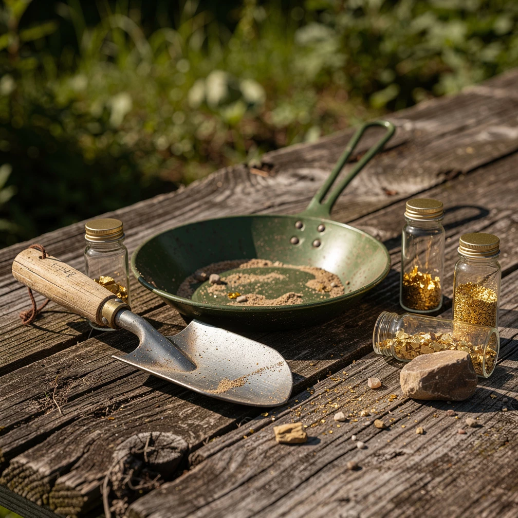 Goldwaschausrüstung auf Holztisch im Freien