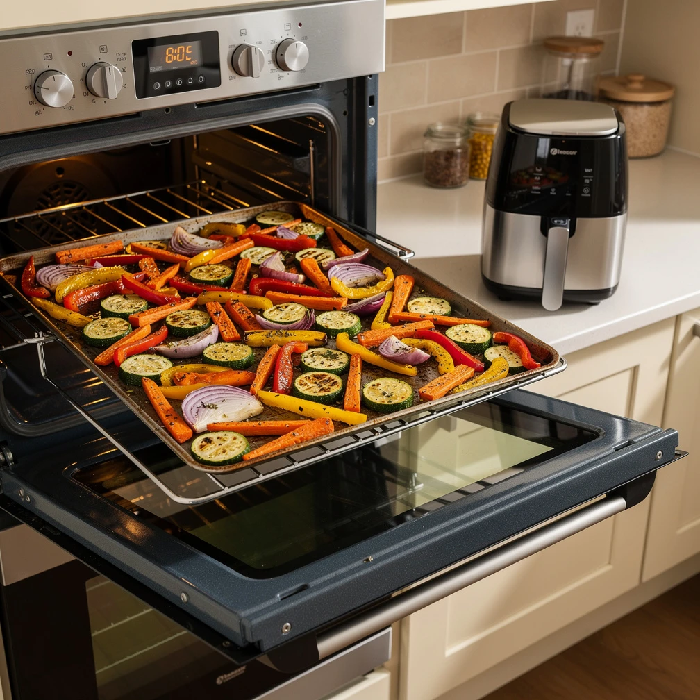 Airfryer und Backofen im direkten Vergleich: Für kleine Portionen punktet der kompakte Airfryer, bei größeren Mengen spielt der Backofen seine Fläche aus. (KI-generiert)
