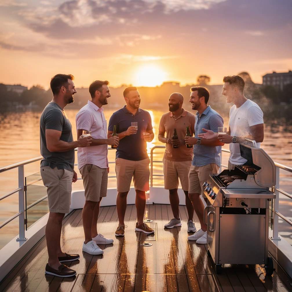 Gruppe am Hausboot, Grillen an Deck, entspannte Stimmung, Männer lachen,