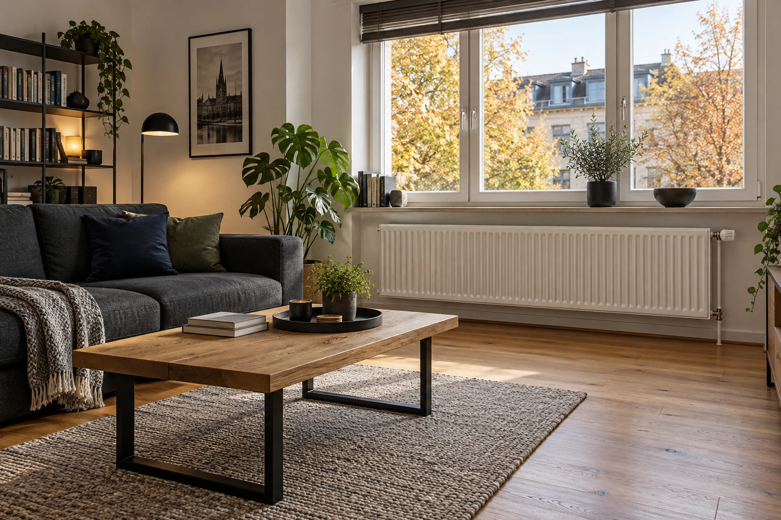 Freie Fläche vor der Heizung lässt die Wärme besser zirkulieren. Auch das Thermostat sollte nicht hinter Möbeln oder Vorhängen verschwinden. (KI-generiert)