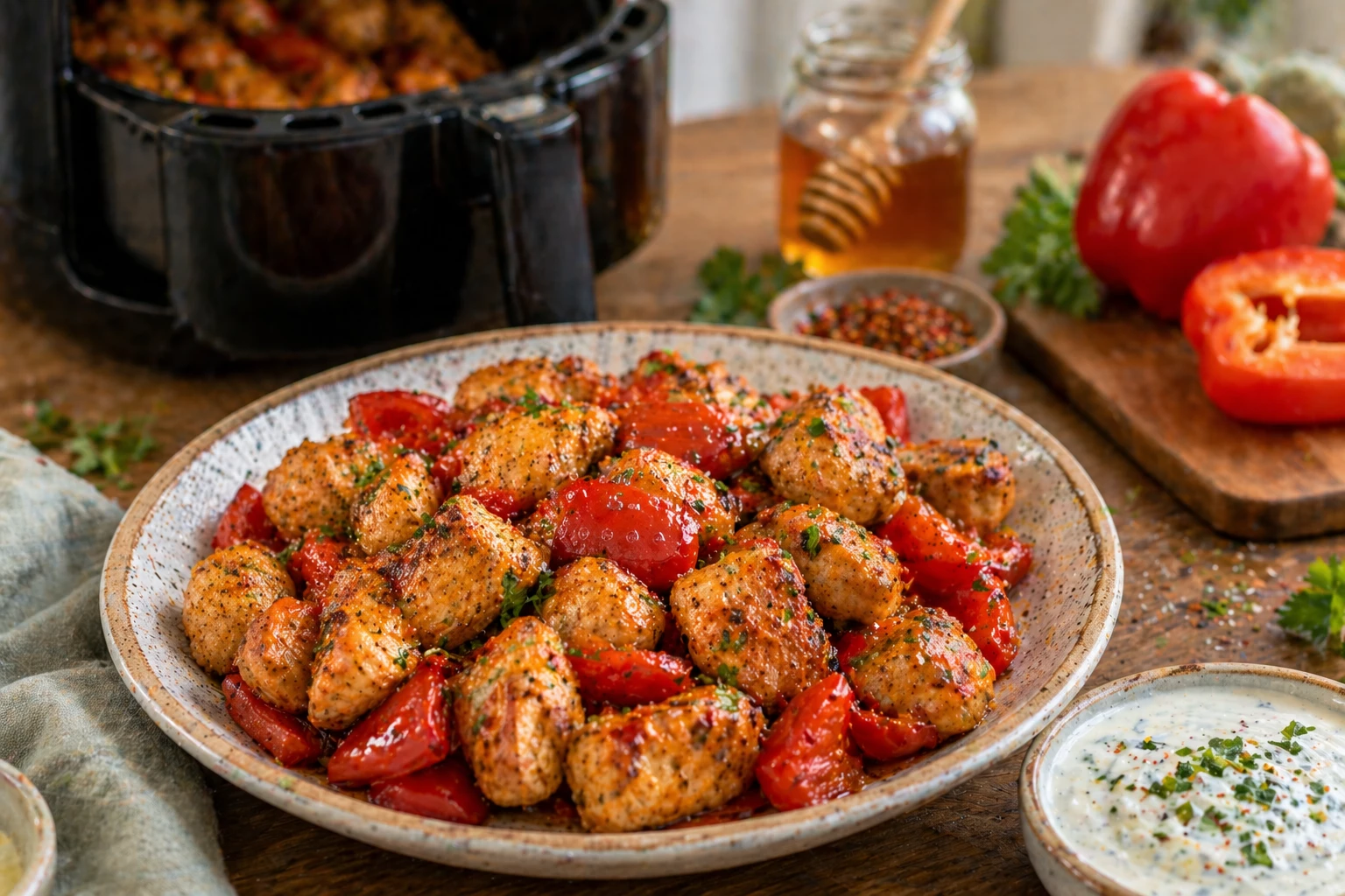 Honig-Senf-Hähnchen-Bites mit Paprika Air fryer.webp