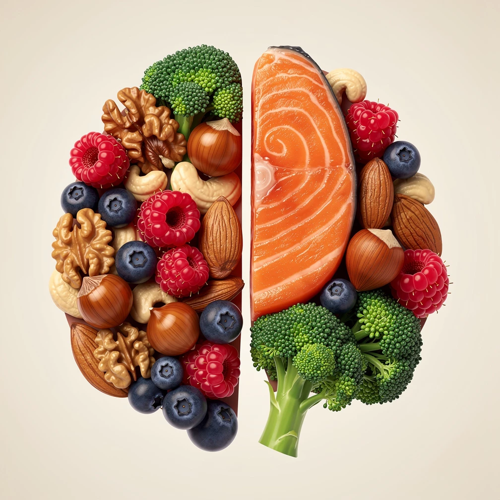 Lachs, Nüsse und Beeren liefern wichtige Nährstoffe wie Omega-3-Fettsäuren und Antioxidantien, die zur normalen Funktion des Gehirns beitragen können. (KI-generiert)