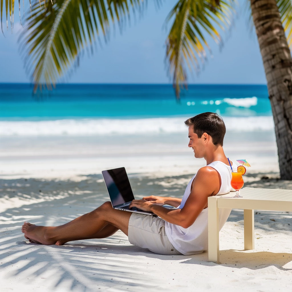 Junger Mensch mit Laptop am tropischen Strand, Cocktail, Palmen, entspannte