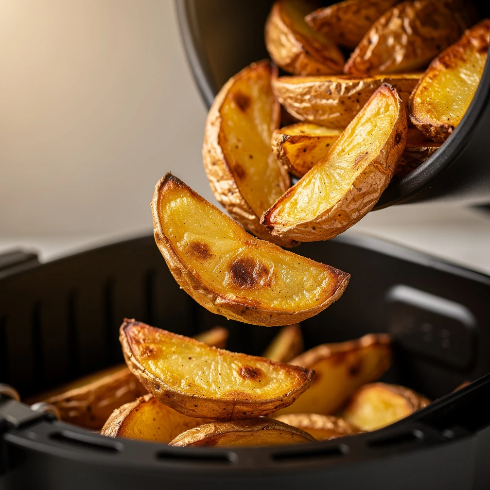 Knusprige Kartoffelecken gehören zu den Klassikern aus dem Airfryer und lassen sich mit wenig zusätzlichem Öl zubereiten. (KI-generiert)