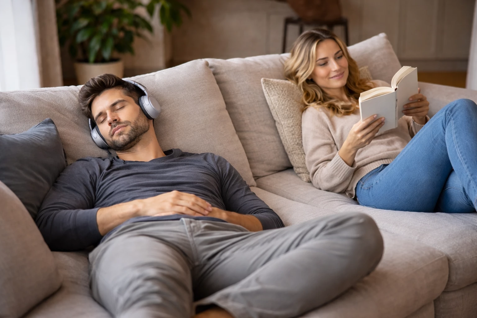 Ruhe für ihn, Lesestoff für sie: Noise-Cancelling schafft Raum für individuelle Entspannung – ganz ohne Kompromisse. 🎧📖