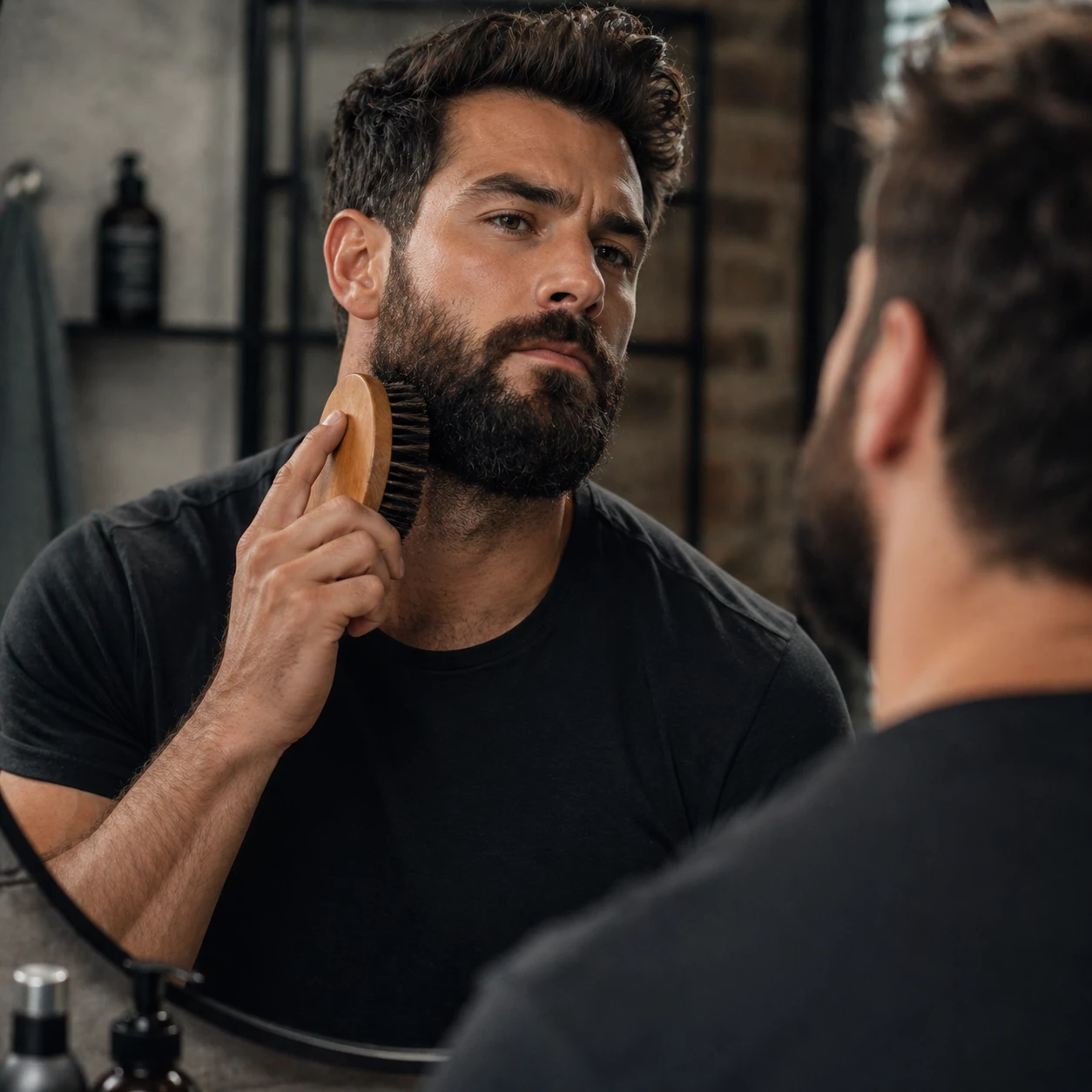 Bartpflege-Routine in Action: Mit Bürste und Öl wird der Bart weicher und die Haut beruhigt (KI-generiert)