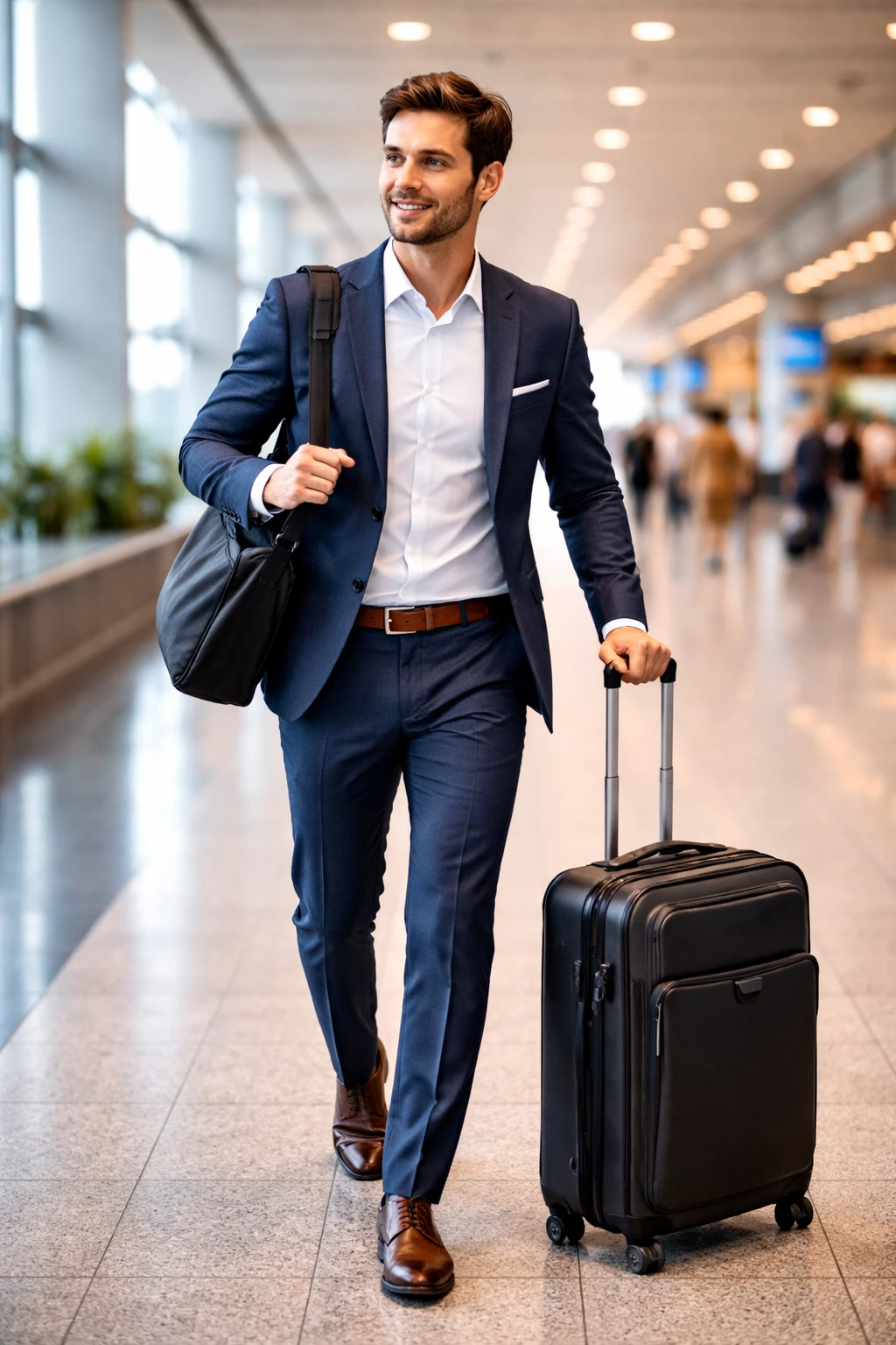 Effizient reisen: Ein guter Business-Trolley spart Zeit, schont Nerven und begleitet dich zuverlässig durch jeden Termin. (KI-generiert)