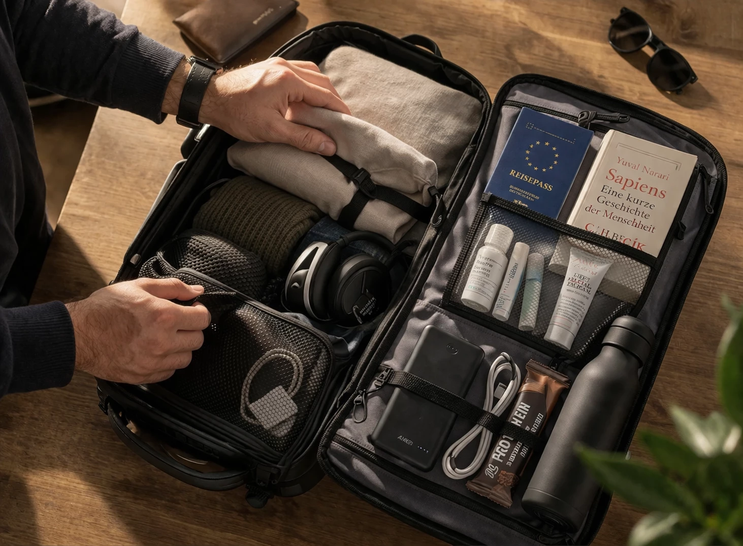 Handgepäck richtig packen: Kleidung, Technik und Essentials organisiert organisiert – alles griffbereit für den Flug (KI-generiert)