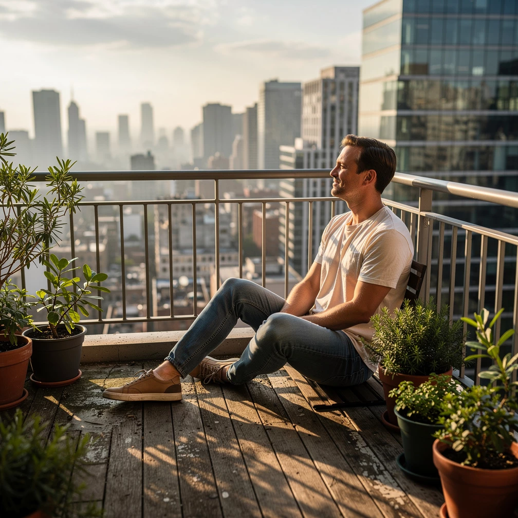 Mann sitzt allein auf dem Balkon, genießt die Sonne, urbaner