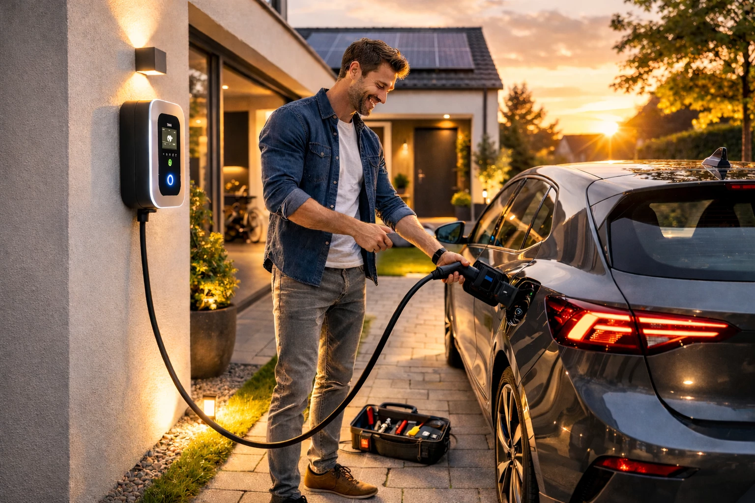 Zuhause laden statt Ladesäulen-Stress: An der eigenen Wallbox ist das E-Auto in wenigen Sekunden angeschlossen – bequem, planbar und alltagstauglich. (KI-generiert)