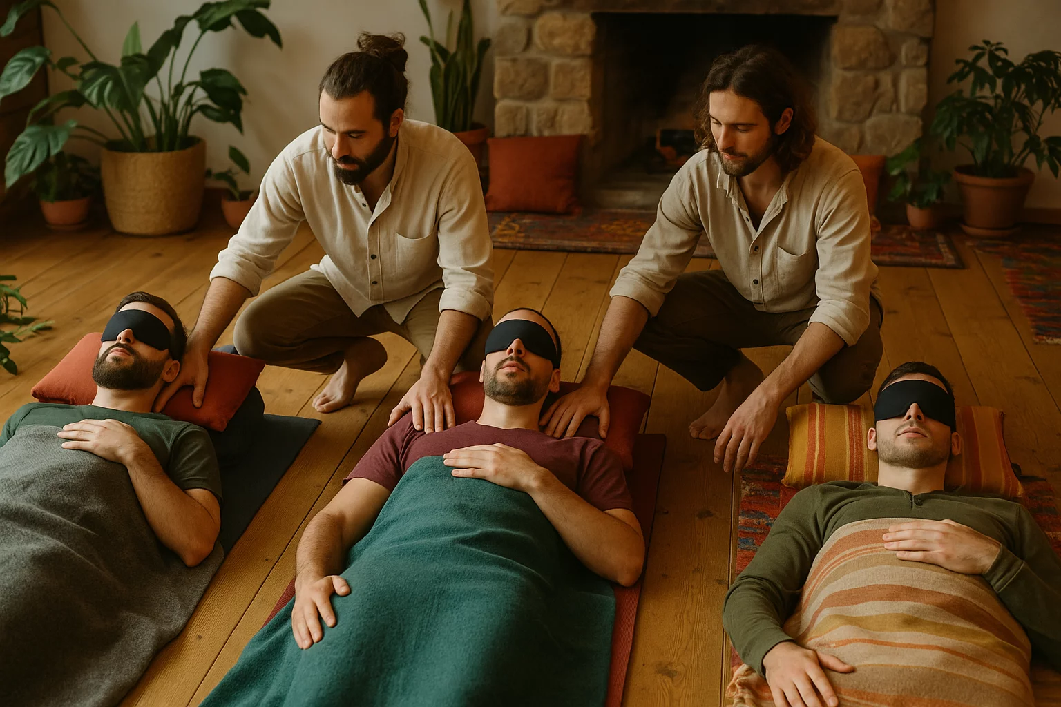Männergruppe bei geführter Meditation mit Facilitators.webp