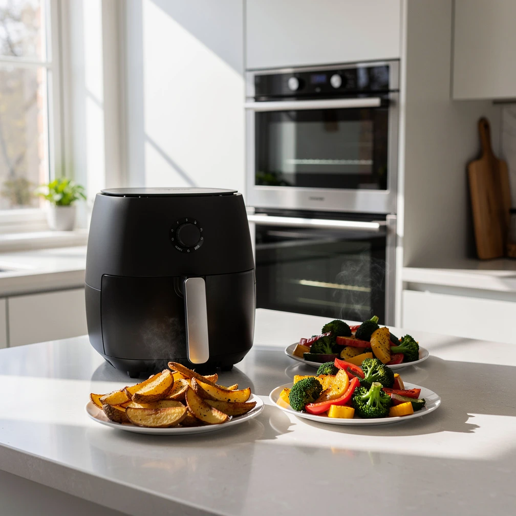 Airfryer oder Backofen? Welches Gerät besser passt, hängt vor allem von Portionsgröße, Gericht und den eigenen Kochgewohnheiten ab. (KI-generiert)