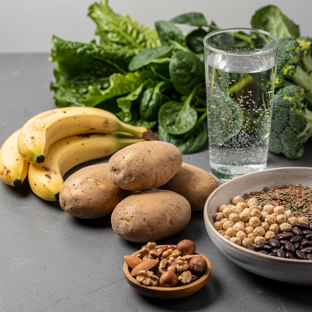 Kartoffeln, Bananen, Blattgemüse, Hülsenfrüchte und Nüsse liefern wichtige Mineralstoffe und eignen sich ideal für eine ausgewogene Ernährung. (KI-generiert)