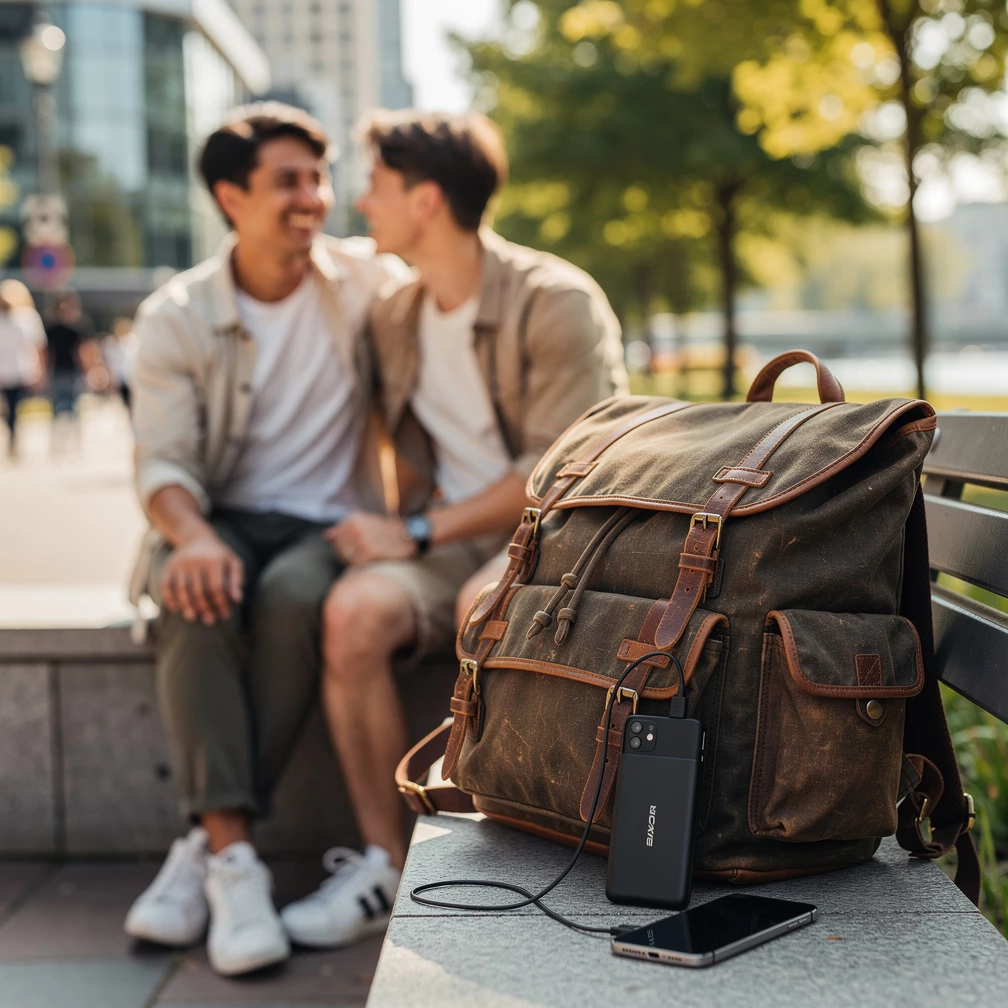 Entspannt unterwegs: Mit voller Akku-Power bleibt dein Smartphone auch über den Wolken jederzeit einsatzbereit (KI-generiert)