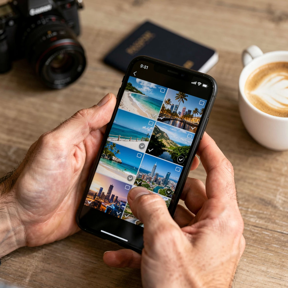 Mehrere Urlaubsfotos gleichzeitig auszuwählen spart Zeit: Offensichtlich misslungene oder überflüssige Aufnahmen können so in einem Durchgang entfernt werden. (KI-generiert)