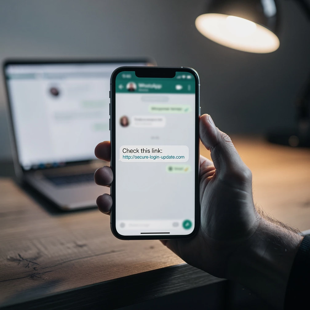Ein unbekannter Link in einer WhatsApp-Nachricht kann auf eine Phishing-Seite führen – besonders bei angeblichen Login- oder Sicherheitsaufforderungen ist Vorsicht geboten. (KI-generiert)