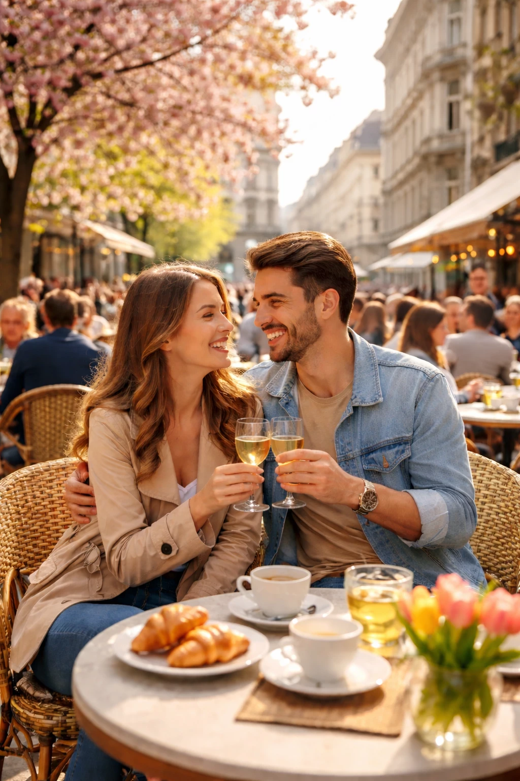Straßencafé im Frühling: Städtereisen wie hier in Paris bieten milde Temperaturen, lebendige Plätze und ideale Bedingungen für entspanntes Sightseeing. (KI-generiert)
