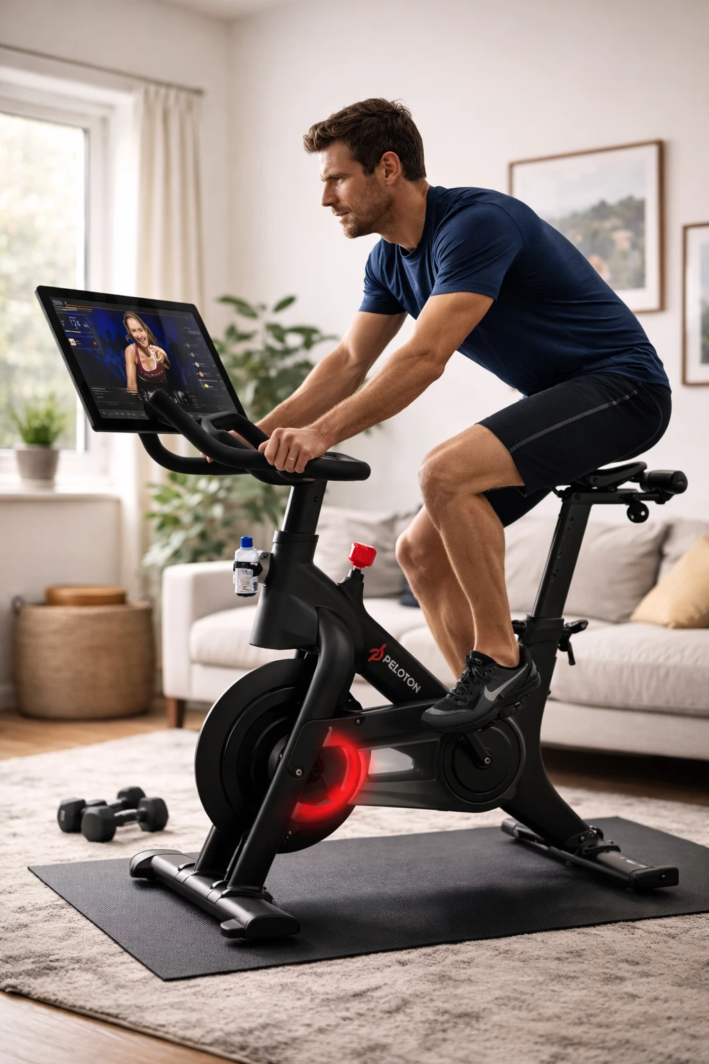 Abwechslung ist kein Luxus, sondern entscheidend für langfristige Trainingsmotivation. Peletonbike ähnlich, wie auf Darstellung. KI-Bild.