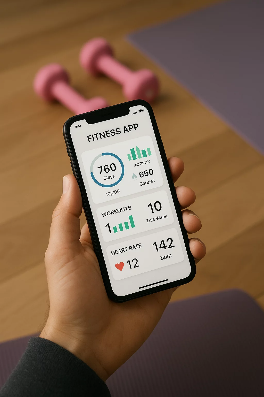 Smartphone mit Fitness-App und rosa Hanteln.webp