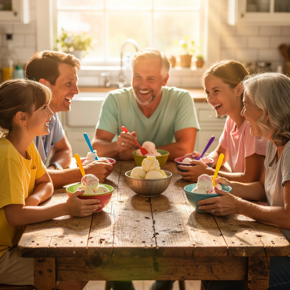 Selbstgemachtes Eis bringt die ganze Familie an einen Tisch und sorgt für süßen Sommergenuss. (© KI-generiert)