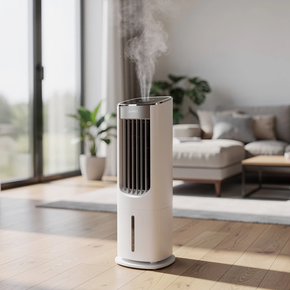 Viele moderne Luftkühler kombinieren Ventilation, Verdunstungskühlung und Luftbefeuchtung – für ein angenehmeres Raumklima im Sommer. (KI-generiert)