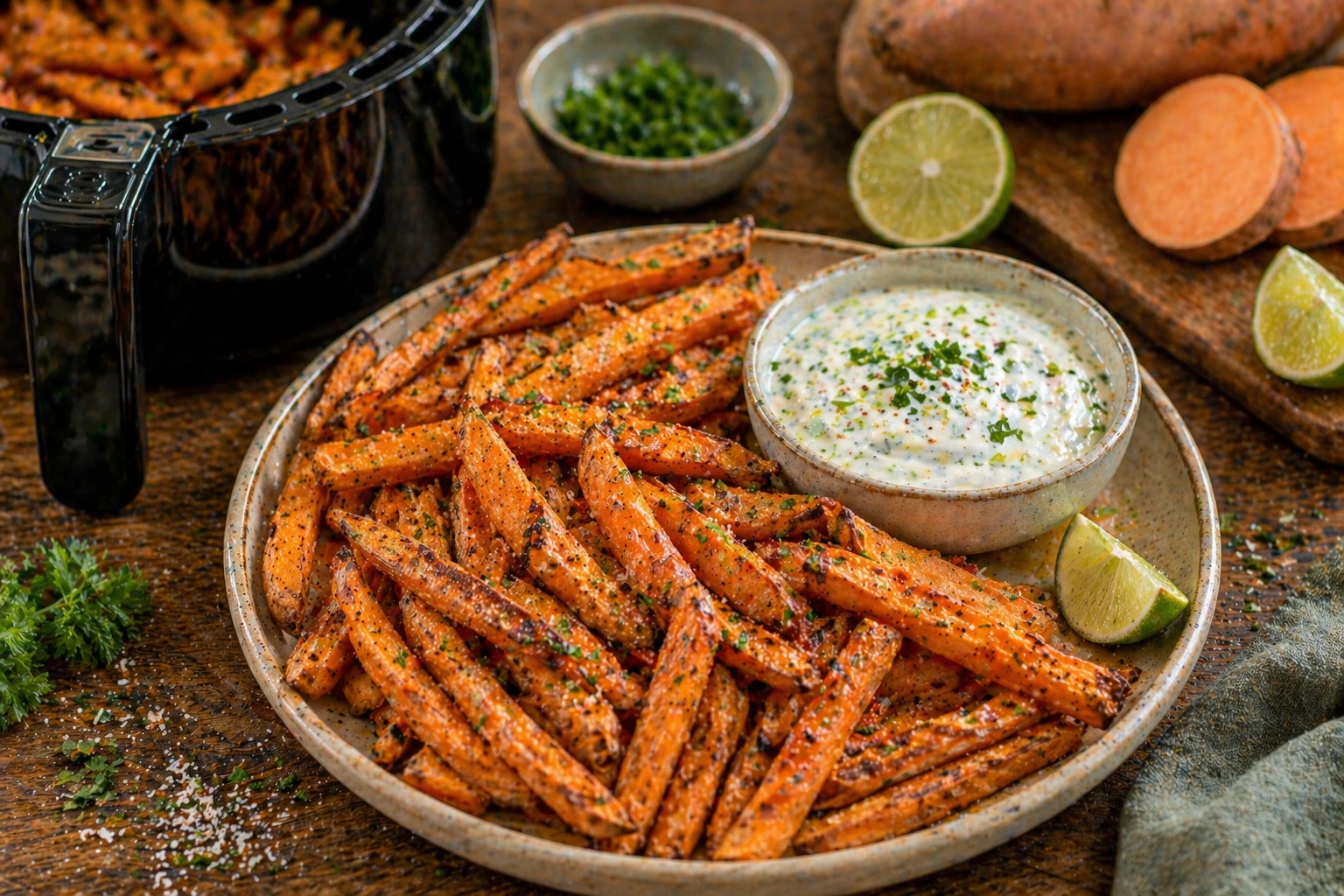 Süßkartoffel-Pommes mit Limetten-Joghurt Air Fryer.webp