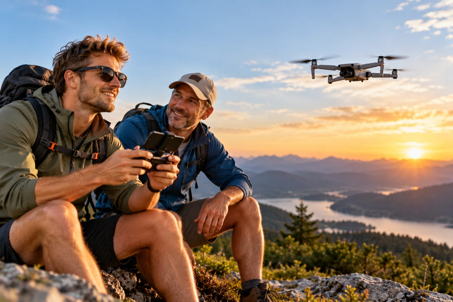 Technikfreunde unter sich beim Drohnenflug in den Bergen (Bild KI generiert).webp
