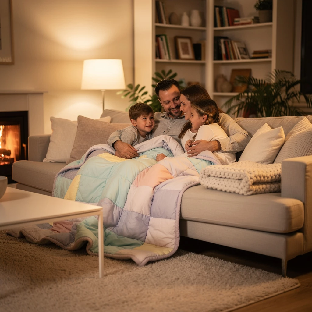 Geborgenheit pur: Viele Familien nutzen schwere Decken bewusst für gemeinsame Ruhephasen auf dem Sofa.