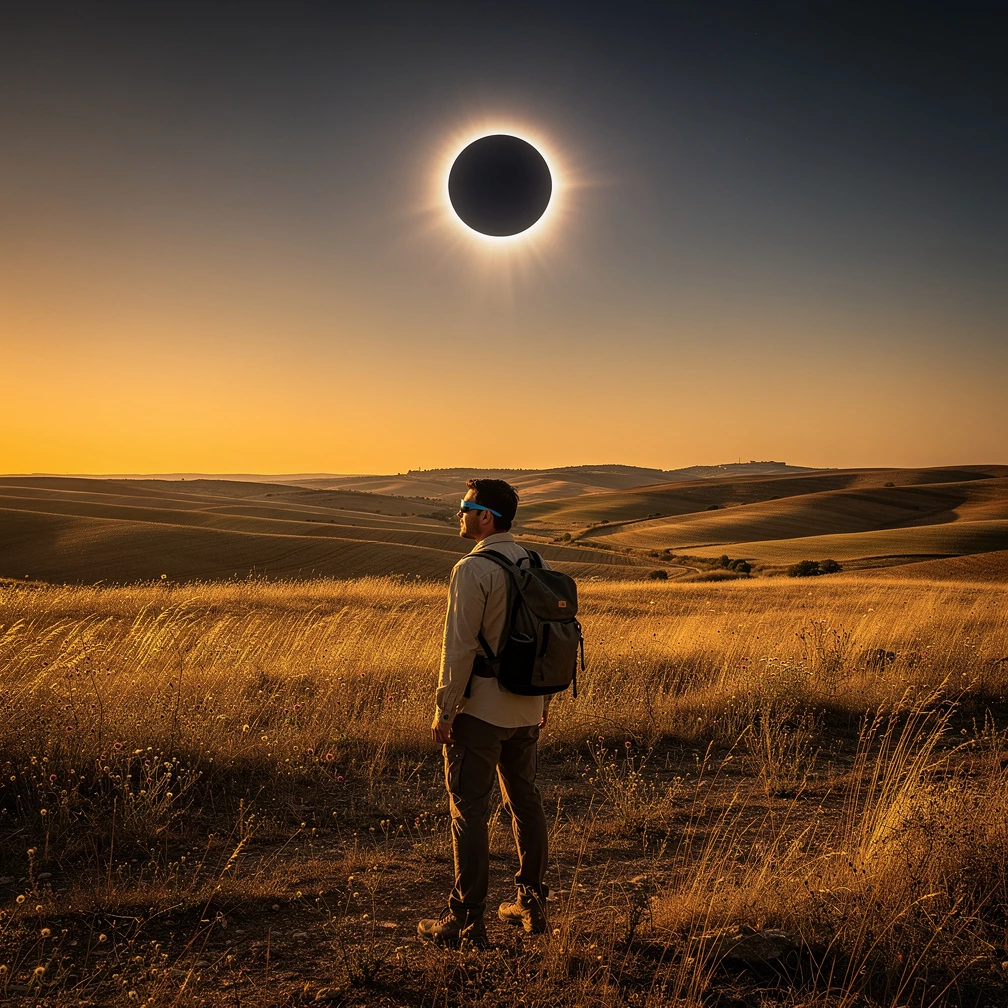 Küstenabschnitte mit freiem Blick auf den Horizont gehören zu den beliebtesten Orten, um die totale Sonnenfinsternis allein oder gemeinsam mit Familie oder Freunden zu erleben. (KI-generiert)