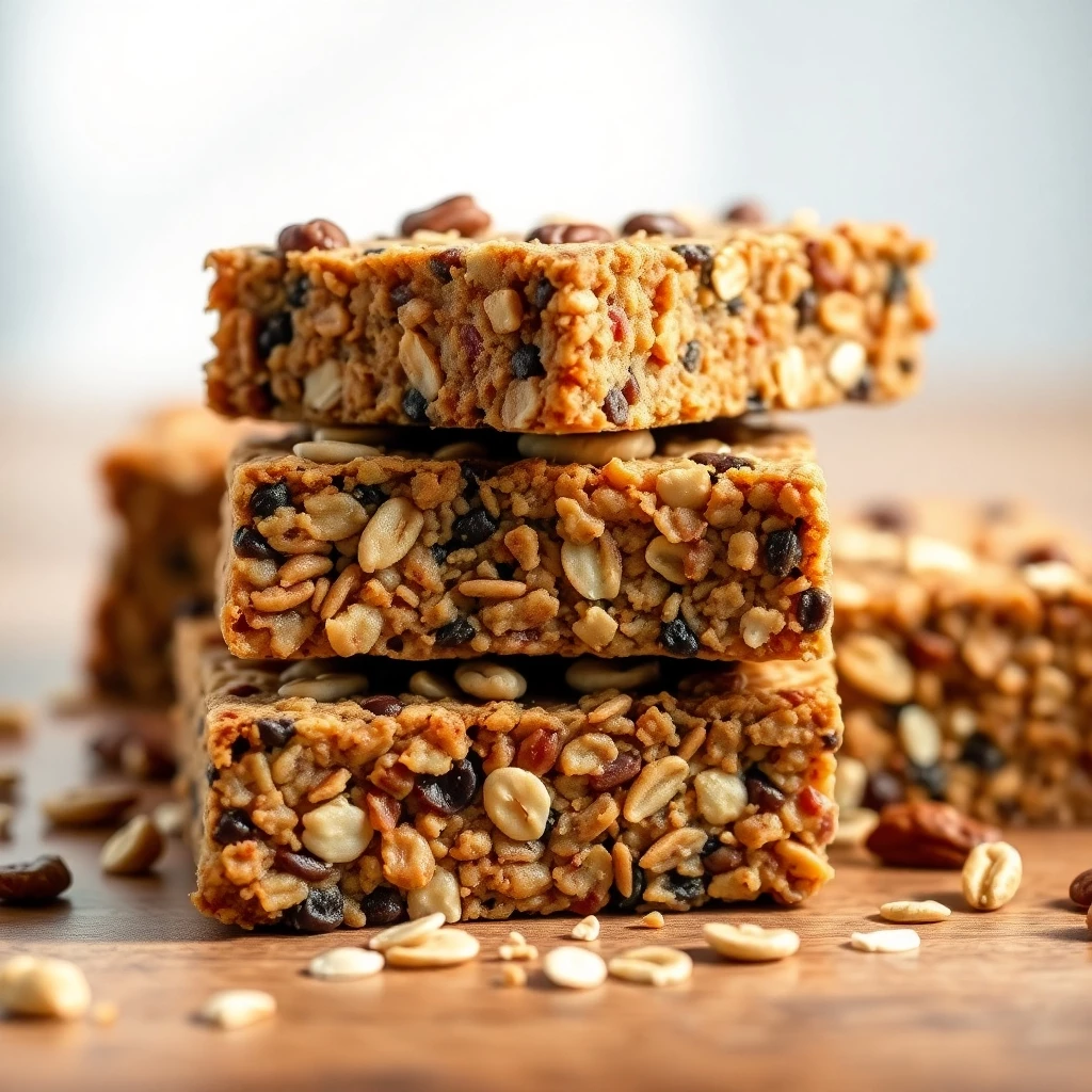 Müsliriegel mit Nüssen, Haferflocken und Trockenfrüchten solltest du immer auf Vorrat zu Hause haben (KI-generiertes Bild)