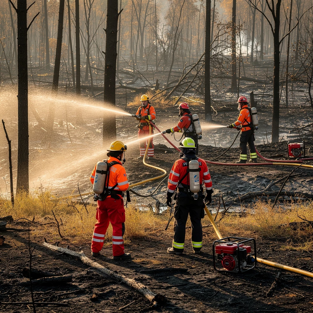 Verbrannte Sommerlandschaft mit Feuerwehr